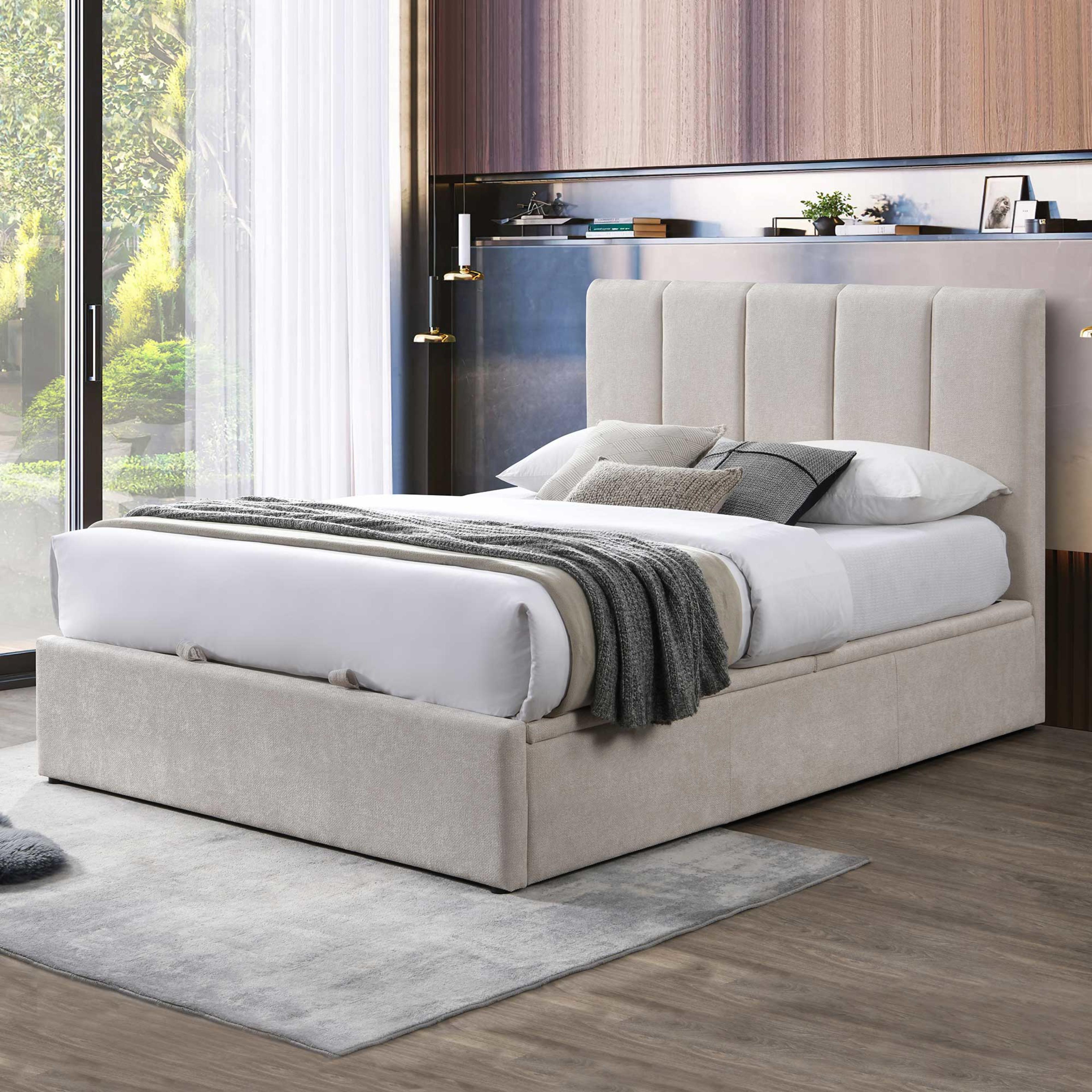 Lifestyle image of the  Harlow Bed Frame, Gas Lift Base, Beige from Forty Winks