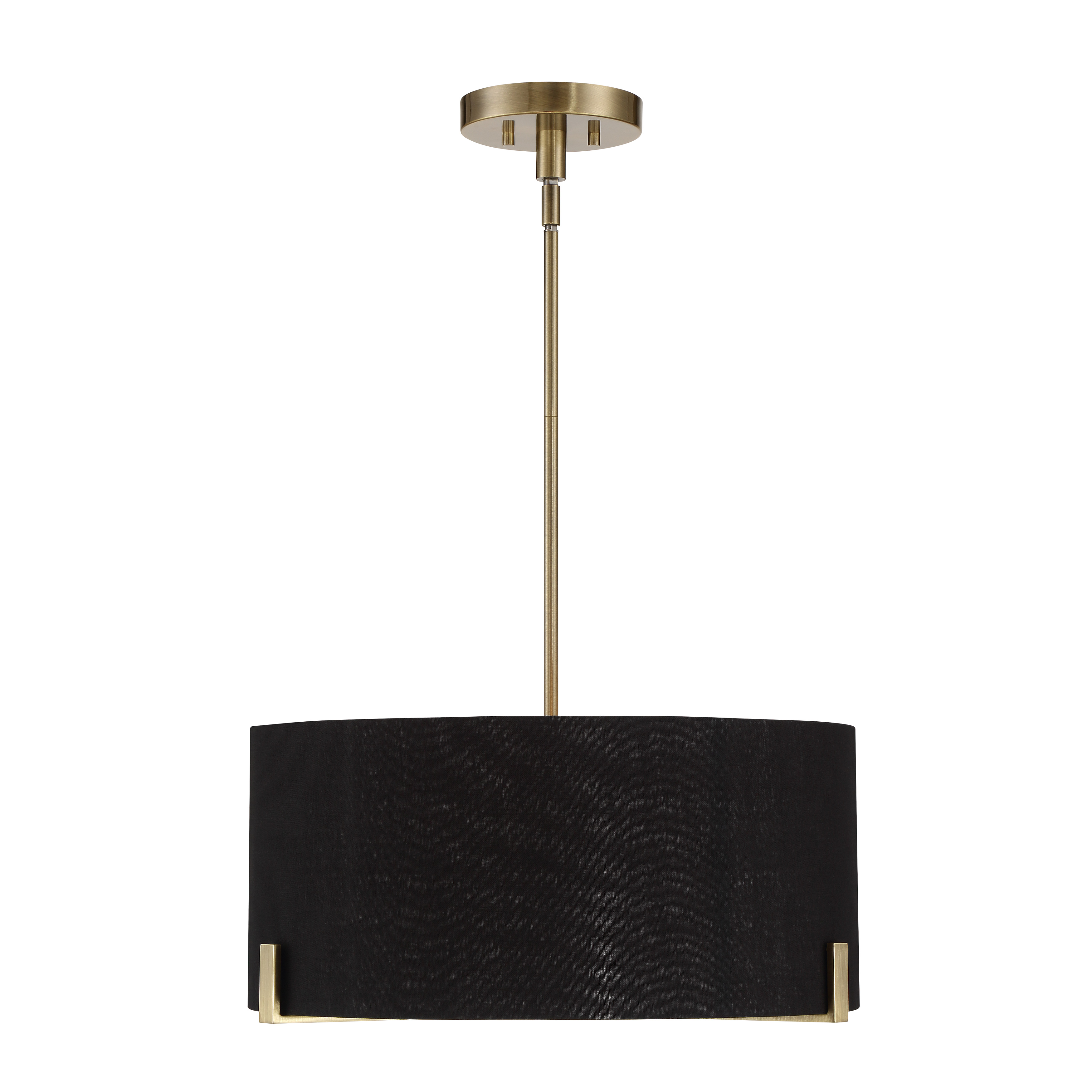 The Westboro Boulevard pendant combines weathered antique brass with a refined black linen shade for versatile elegance. Its 20-inch diameter and etched glass diffuser provide soft, ambient lighting perfect for dining and living spaces. - alternate view