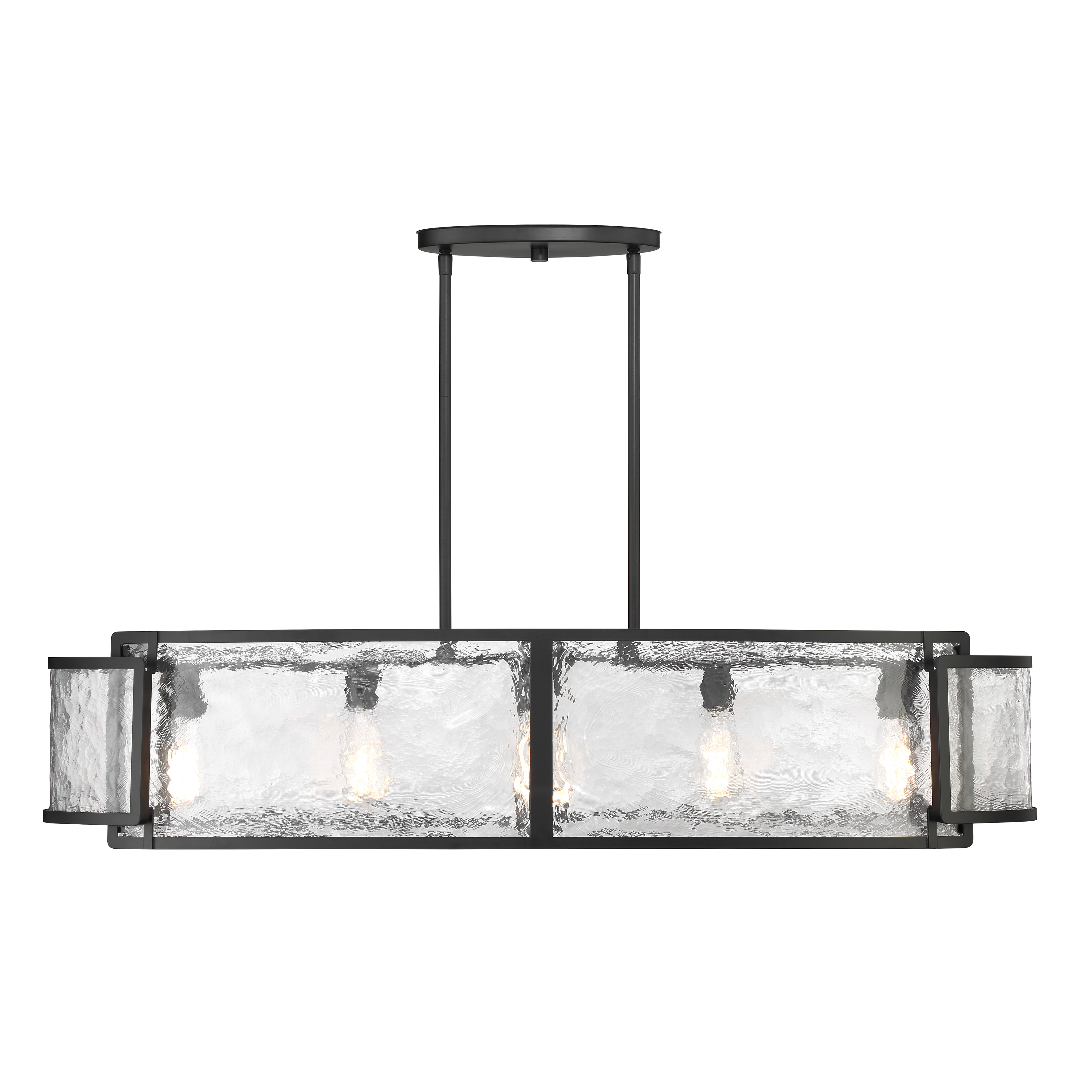 The Bella Collina 5-Light Island Chandelier combines modern clean lines with industrial character. Its 48-inch linear design and coal black finish create dramatic visual impact, while rock-pressed glass shades add textural interest. - alternate view