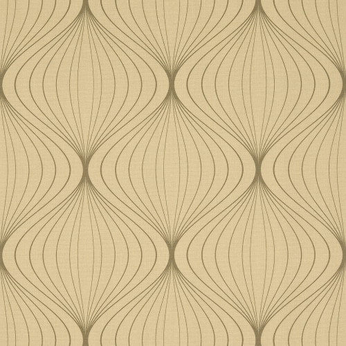 Beige geometric wallpaperâ€”repeating vertical, onion-shaped motifs formed by thin curved linesâ€”covers a flat surface, offering a mid-century modern decorative pattern in soft, evenly lit neutral tones.