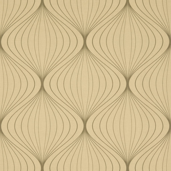Beige geometric wallpaperâ€”repeating vertical, onion-shaped motifs formed by thin curved linesâ€”covers a flat surface, offering a mid-century modern decorative pattern in soft, evenly lit neutral tones.