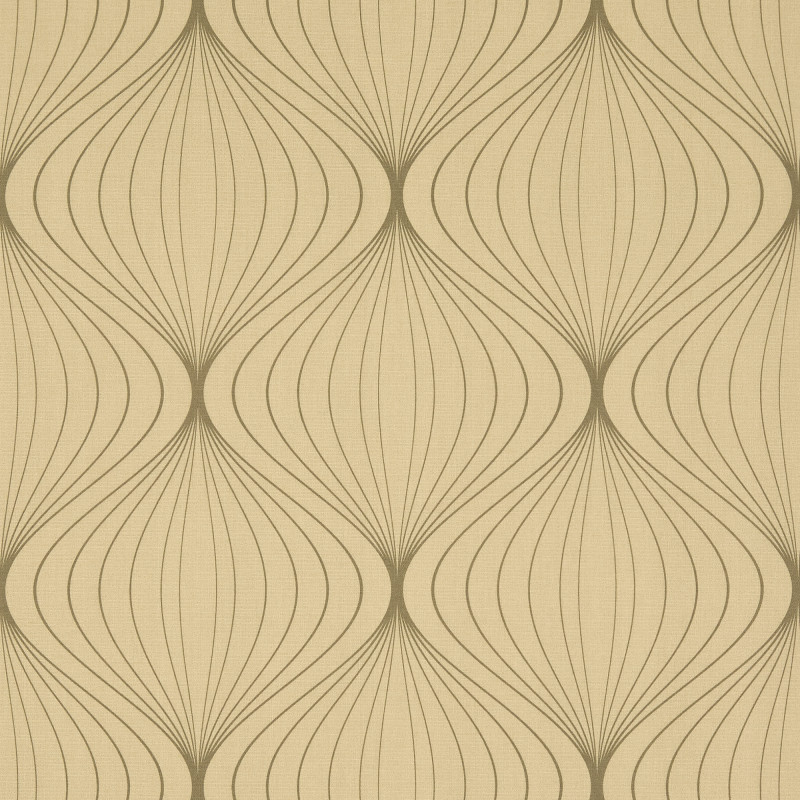 Beige geometric wallpaper—repeating vertical, onion-shaped motifs formed by thin curved lines—covers a flat surface, offering a mid-century modern decorative pattern in soft, evenly lit neutral tones.