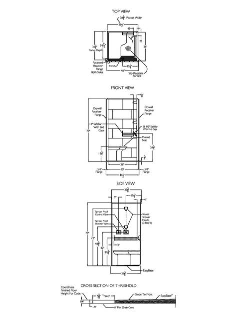 Technical Drawing — Cd Shower Tech Draw Sst 3838tr 75 Ms Rf ADA Phyc