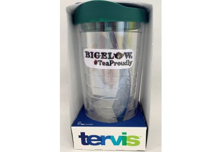 Clear Tervis Tumbler with Green Lid -Bigelow Tea Proudly logo