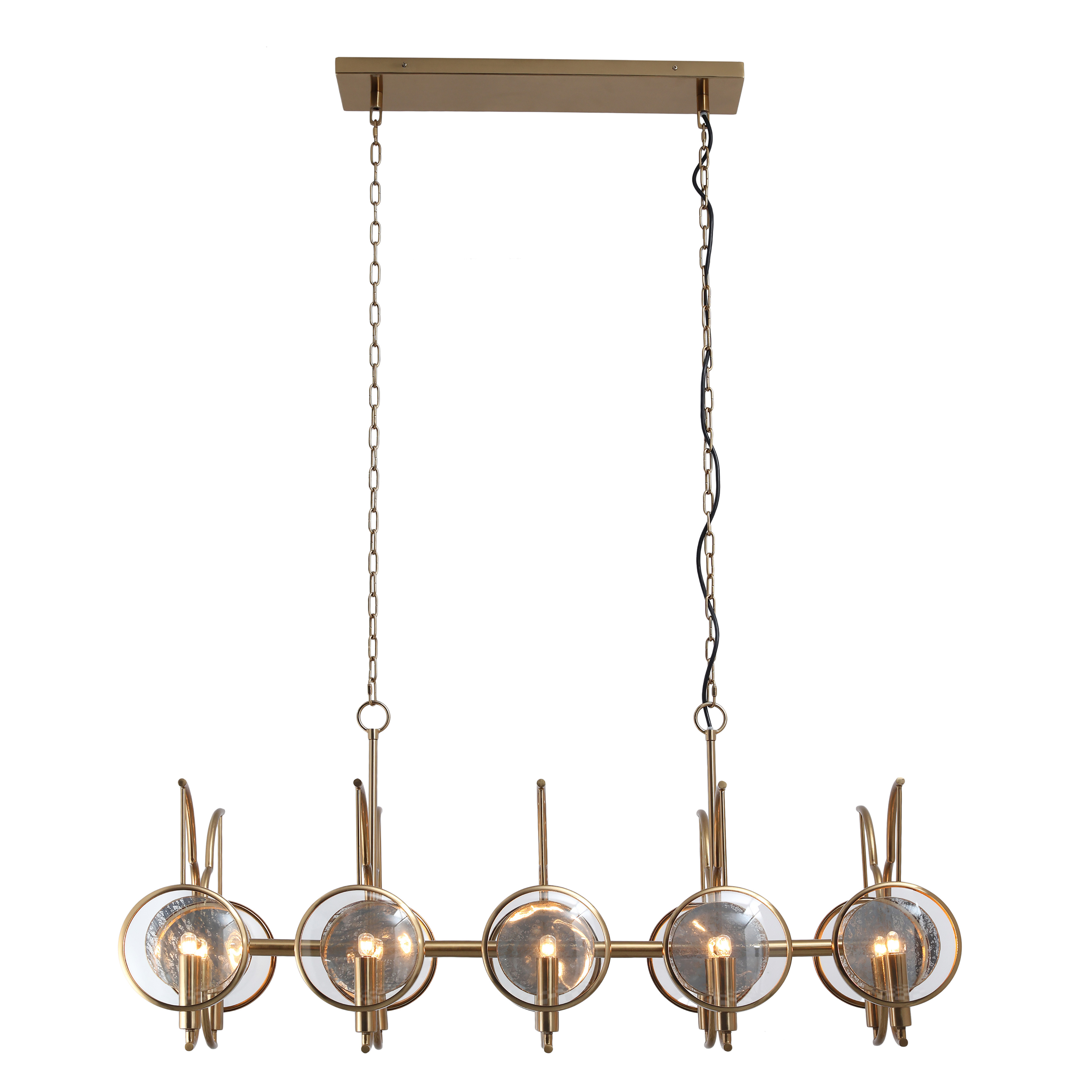 The Into Focus island chandelier makes a bold statement with 10 candelabra lights arranged in a linear design. Artisan brass finish paired with clear dome glass and antique reflecting glass creates visual depth and warmth, perfect for modern kitchens and dining spaces. - alternate view