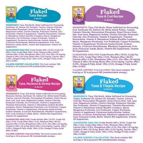 Flaked Tuna Recipe in Broth:
Tuna, Fish Broth, Water Sufficient for Processing, Sunflower Oil, Salmon Oil, Pumpkin, Taurine, Calcium Chloride, Monosodium Phosphate, Dried Chicory Root, Salt, Guar Gum, Magnesium Sulfate, Choline Chloride, Potassium Chloride, Zinc Proteinate, Vitamin E Supplement, Thiamine Mononitrate, Vitamin K (Menadione Sodium Bisulfite Complex), Niacin, Manganese Proteinate, Iron Proteinate, Copper Proteinate, Vitamin A Supplement, Pyridoxine Hydrochloride, Sodium Selenite, d-Calcium Pantothenate, Riboflavin Supplement, Folic Acid, Potassium Iodide, Biotin, Vitamin B12 Supplement, Vitamin D3 Supplement.								
Flaked Tuna & Cod Recipe in Broth:
Tuna, Fish Broth, Water Sufficient for Processing, Cod, Sunflower Oil, Salmon Oil, White Sweet Potato, Taurine, Calcium Chloride, Monosodium Phosphate, Dried Chicory Root, Salt, Guar Gum, Magnesium Sulfate, Choline Chloride, Potassium Chloride, Zinc Proteinate, Vitamin E Supplement, Thiamine Mononitrate, Vitamin K (Menadione Sodium Bisulfite Complex), Niacin, Manganese Proteinate, Iron Proteinate, Copper Proteinate, Vitamin A Supplement, Pyridoxine Hydrochloride, Sodium Selenite, d-Calcium Pantothenate, Riboflavin Supplement, Folic Acid, Potassium Iodide, Biotin, Vitamin B12 Supplement, Vitamin D3 Supplement.								
Shredded Chicken Recipe in Sauce:
Chicken, Chicken Broth, Water Sufficient for Processing, Sunflower Oil, Salmon Oil, Pumpkin, Taurine, Calcium Chloride, Monosodium Phosphate, Dried Chicory Root, Salt, Magnesium Sulfate, Choline Chloride, Potassium Chloride, Zinc Proteinate, Vitamin E Supplement, Iron Proteinate, Thiamine Mononitrate, Niacin, Manganese Proteinate, Copper Proteinate, Vitamin A Supplement, Pyridoxine Hydrochloride, Sodium Selenite, d-Calcium Pantothenate, Riboflavin Supplement, Folic Acid, Potassium Iodide, Biotin, Vitamin B12 Supplement, Vitamin D3 Supplement.								
Shredded Chicken & Duck Recipe in Sauce:
Chicken, Chicken Broth, Water Sufficient for Processing, Duck, Sunflower Oil, Salmon Oil, White Sweet Potato, Taurine, Calcium Chloride, Monosodium Phosphate, Dried Chicory Root, Salt, Magnesium Sulfate, Choline Chloride, Potassium Chloride, Zinc Proteinate, Vitamin E Supplement, Iron Proteinate, Thiamine Mononitrate, Niacin, Manganese Proteinate, Copper Proteinate, Vitamin A Supplement, Pyridoxine Hydrochloride, Sodium Selenite, d-Calcium Pantothenate, Riboflavin Supplement, Folic Acid, Potassium Iodide, Biotin, Vitamin B12 Supplement, Vitamin D3 Supplement.
