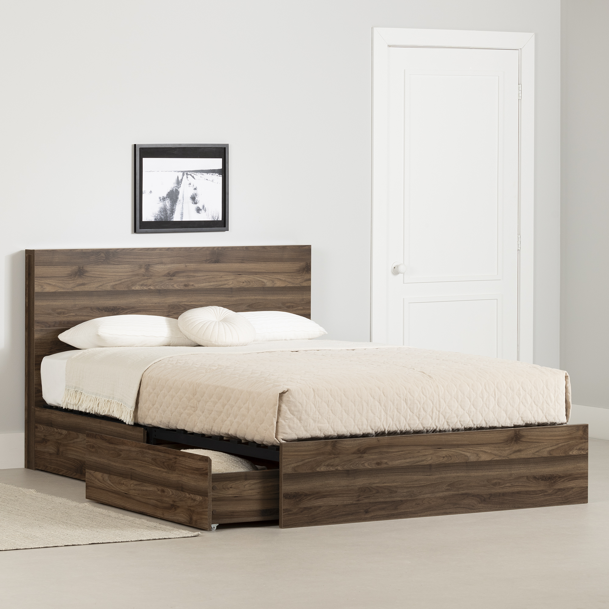 Musano Lit complet 2 tiroirs Noyer naturel / Musano 2-Drawer Complete Bed Natural Walnut 