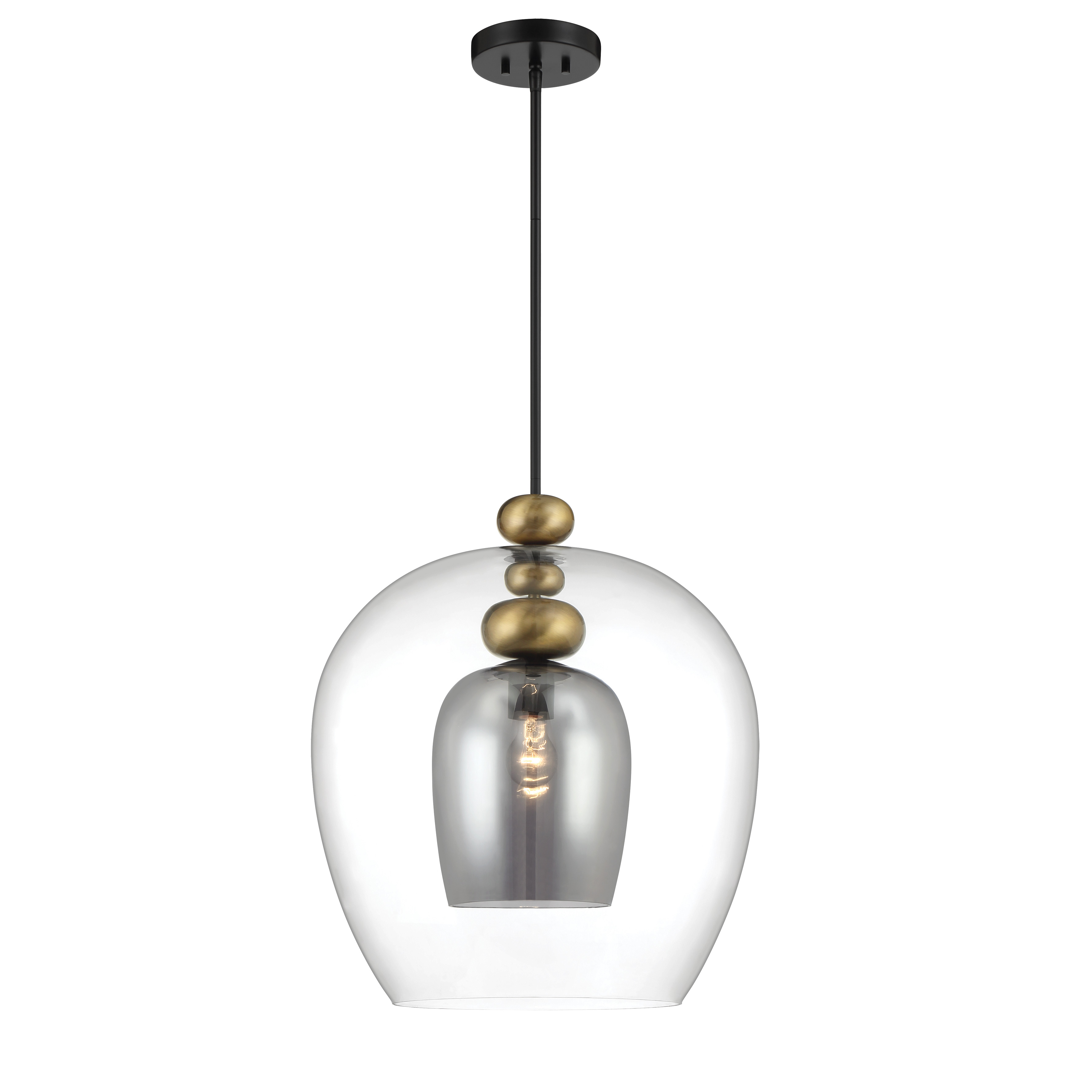 The Amesbury pendant blends traditional elegance with industrial edge through its distinctive coal and oxidized aged brass finish. The smoked gray glass shade adds depth while diffusing light beautifully for ambient dining or task lighting. - alternate view