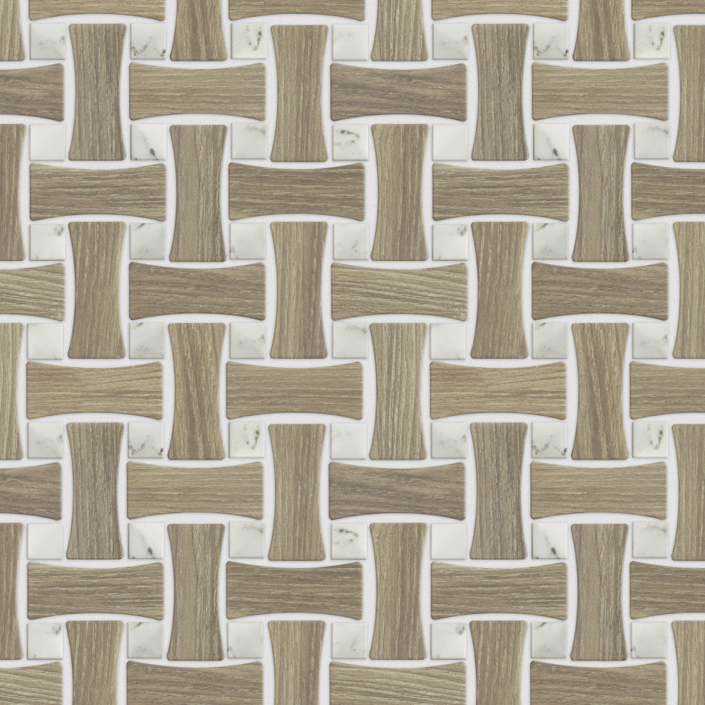 Llama Dog Bone Basketweave Noce/Calacatta Dot 10x10 Specialty Porcelain Floor and Wall Digital Pattern