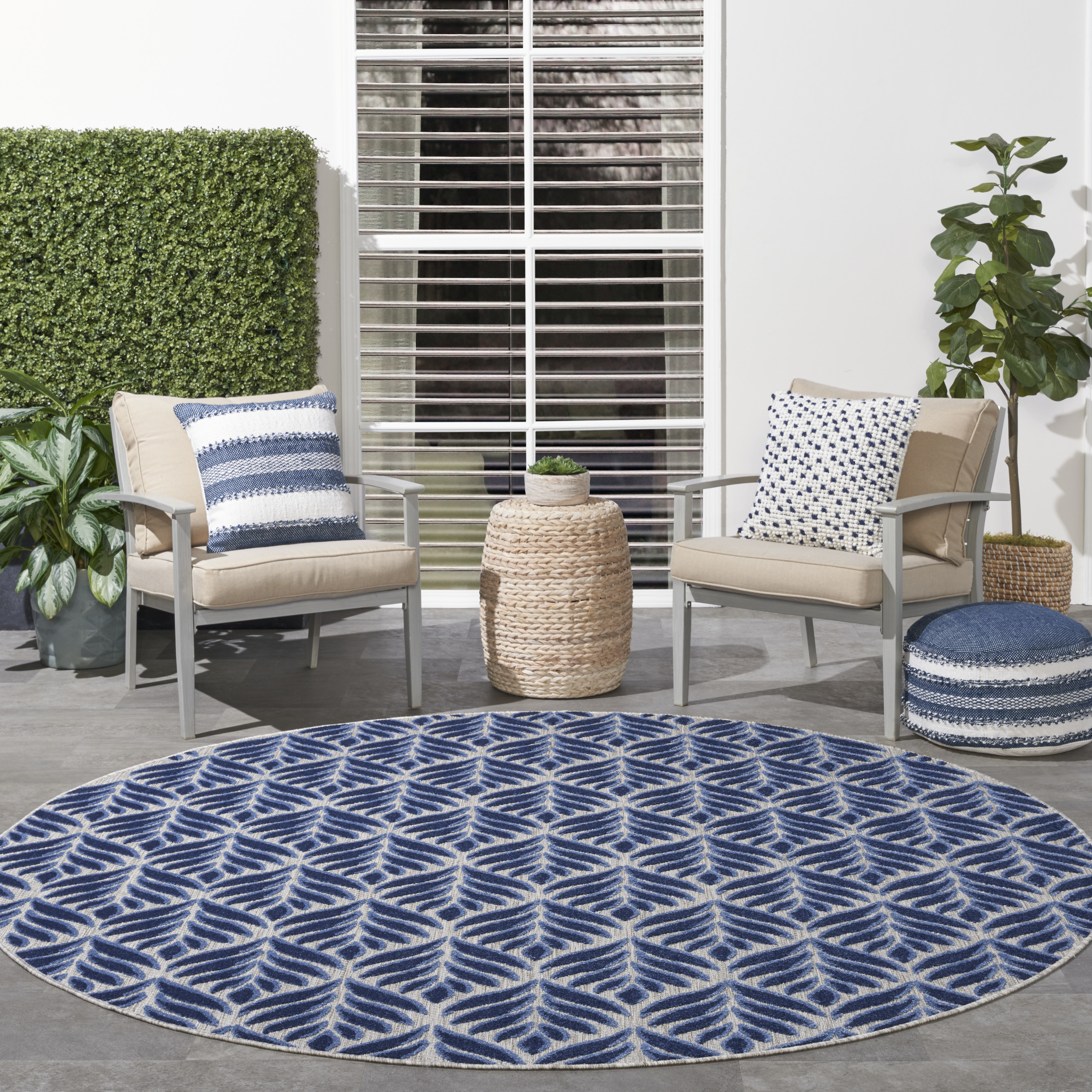 Nourison Aloha 7'10" x Round Blue Tropical Rug