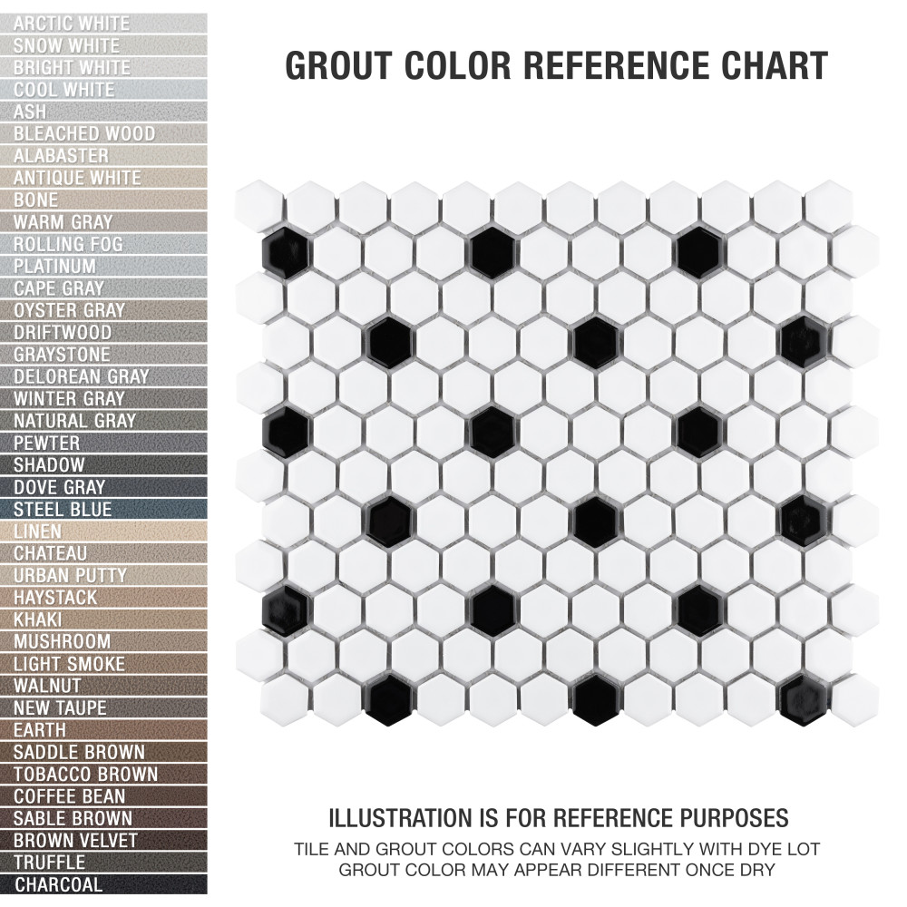 Metro 1″ Hex Glossy White w/Black Dot 10-1/4 in. x 11-7/8 in. Porcelain Mosaic Tile