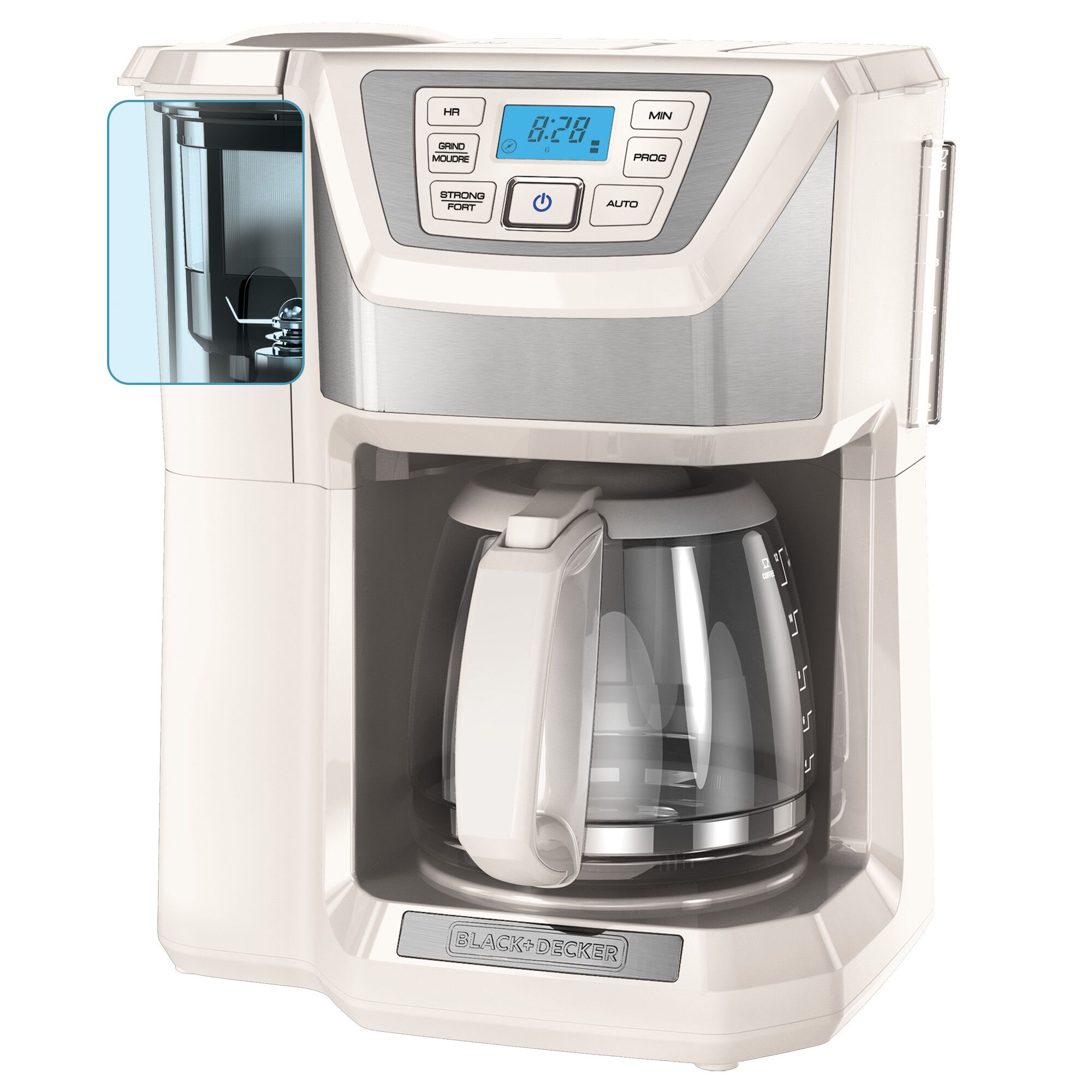 Profile of 12 Cup Mill and Brew Coffee Maker.