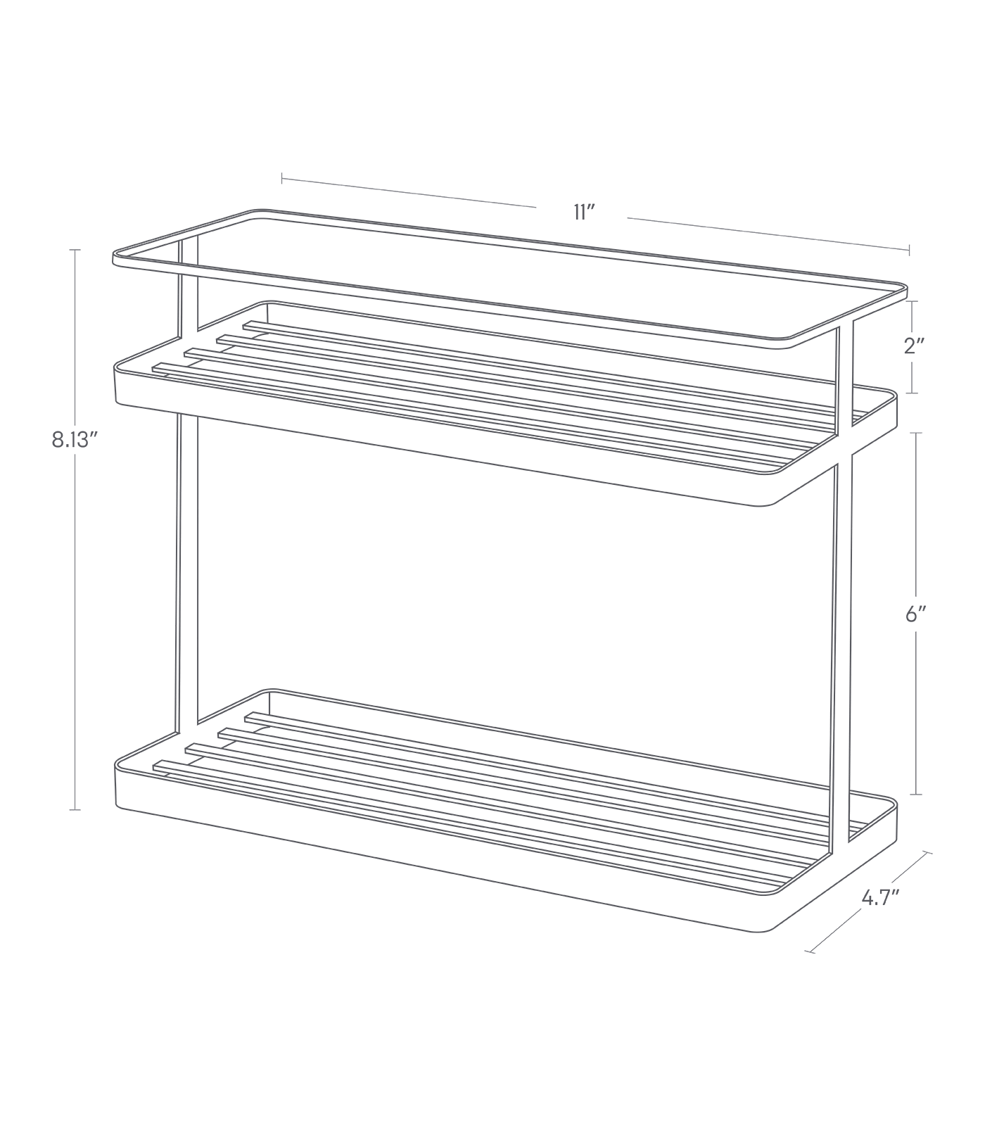 Dimenision image for Countertop Organizer Rackon a white background showing total width of 11 inches, length of 4.7 inches, height of 8.13 inches. The between from the top frame to the top shelf shows height of 2 inches, and the between from the top shelf to the bottom shelf shows height of 6 inches.