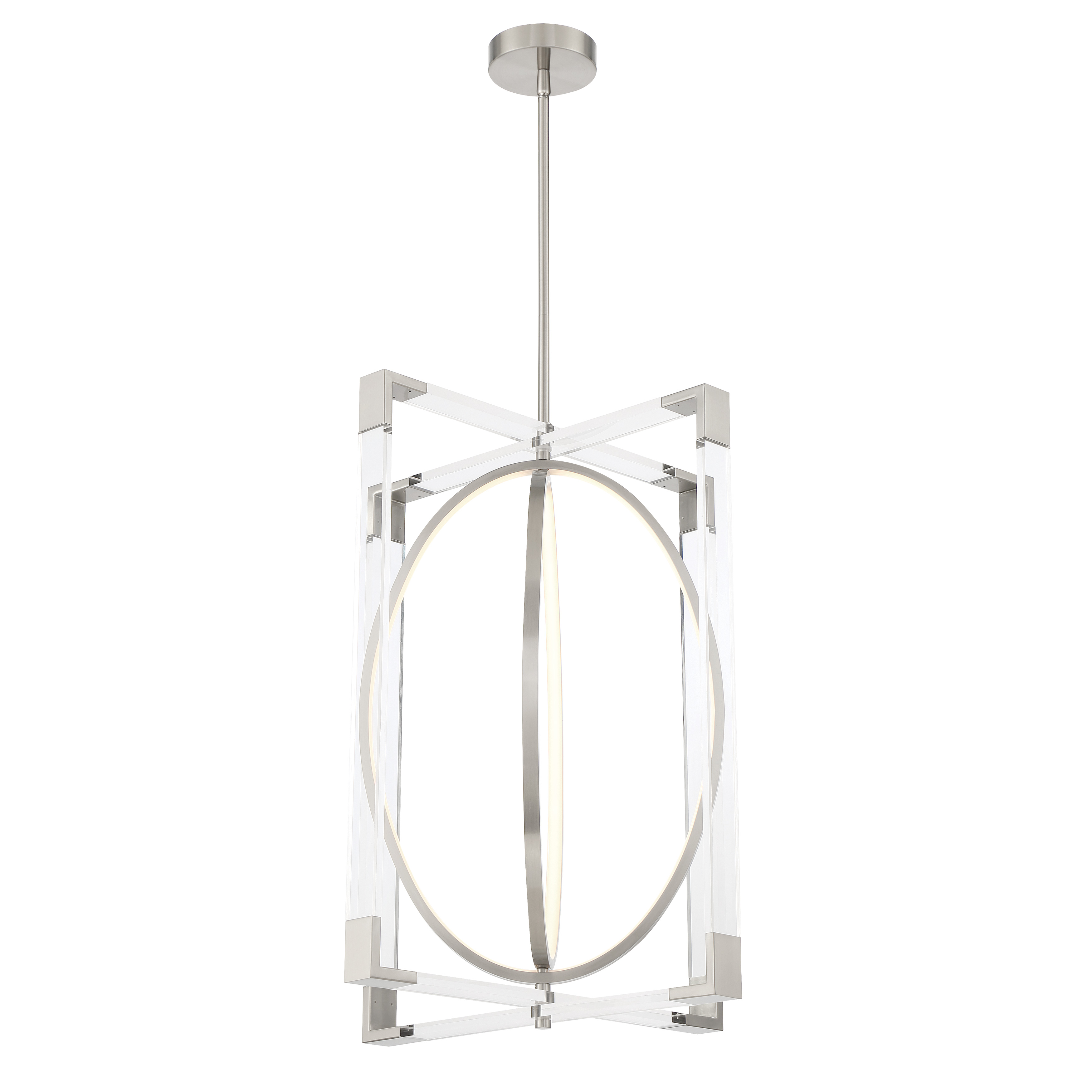 The Double Take pendant delivers over 5,000 lumens of high-CRI LED light through a clean acrylic design. Its substantial 24-inch square profile makes a bold statement while the brushed nickel finish adds refined elegance. - alternate view