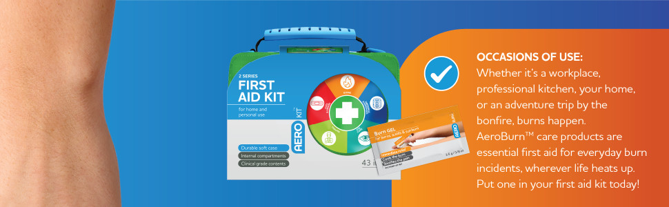OCCASIONS OF USE: Whether it’s a workplace, professional kitchen, your home, or an adventure trip by the bonfire, burns happen. AeroBurn™ care products are essential first aid for everyday burn incidents, wherever life heats up. Put one in your first aid kit today!