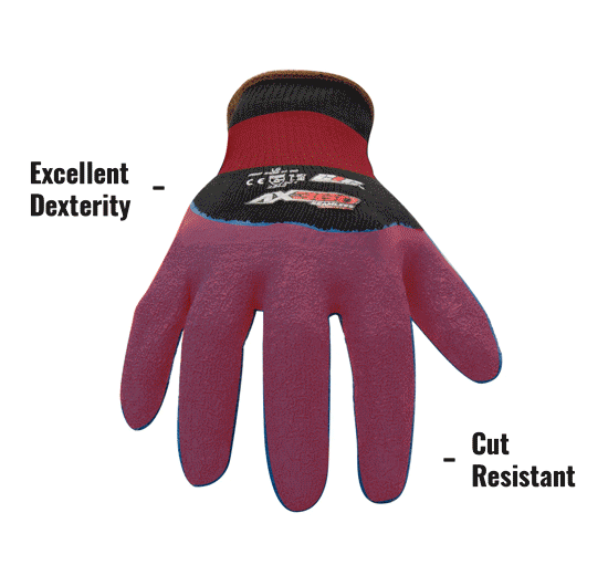 AX360 Latex-dipped Crinkle Grip Cut Resistant Gloves in Blue and Black (EN Level 2 / ANSI A2) AXCRG-05 showing Excellent Dexterity and Cut Resistant