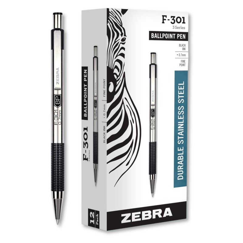 Retractable Ballpoint Pens, Stainless Steel Barrel, 0.7mm Fine Point, Black Ink, 12 Count