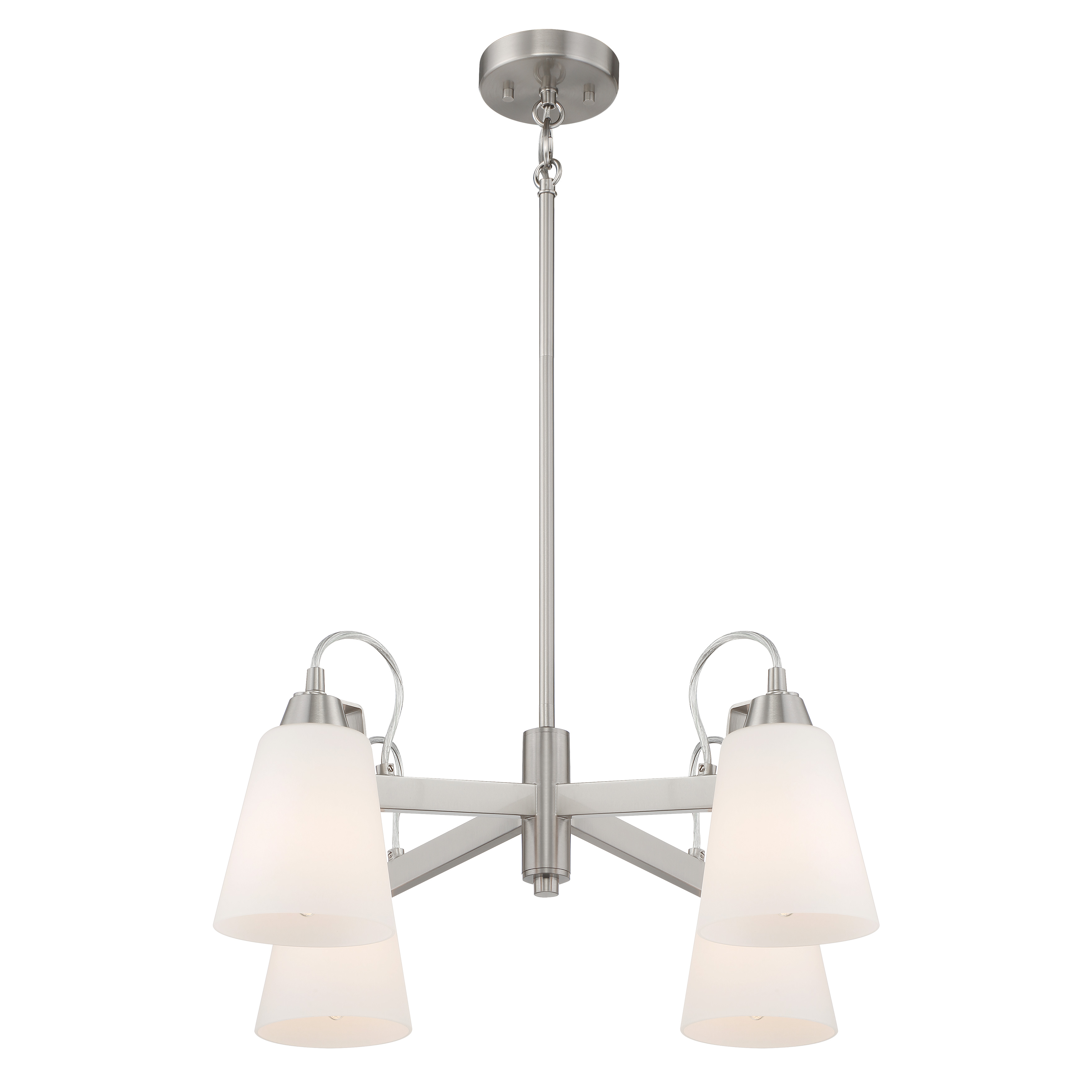 The Beckonridge 4-Light Chandelier combines brushed nickel finish with etched glass shades for a refined transitional look. Its 24-inch square profile makes it ideal for medium-sized dining rooms and kitchen islands. - alternate view