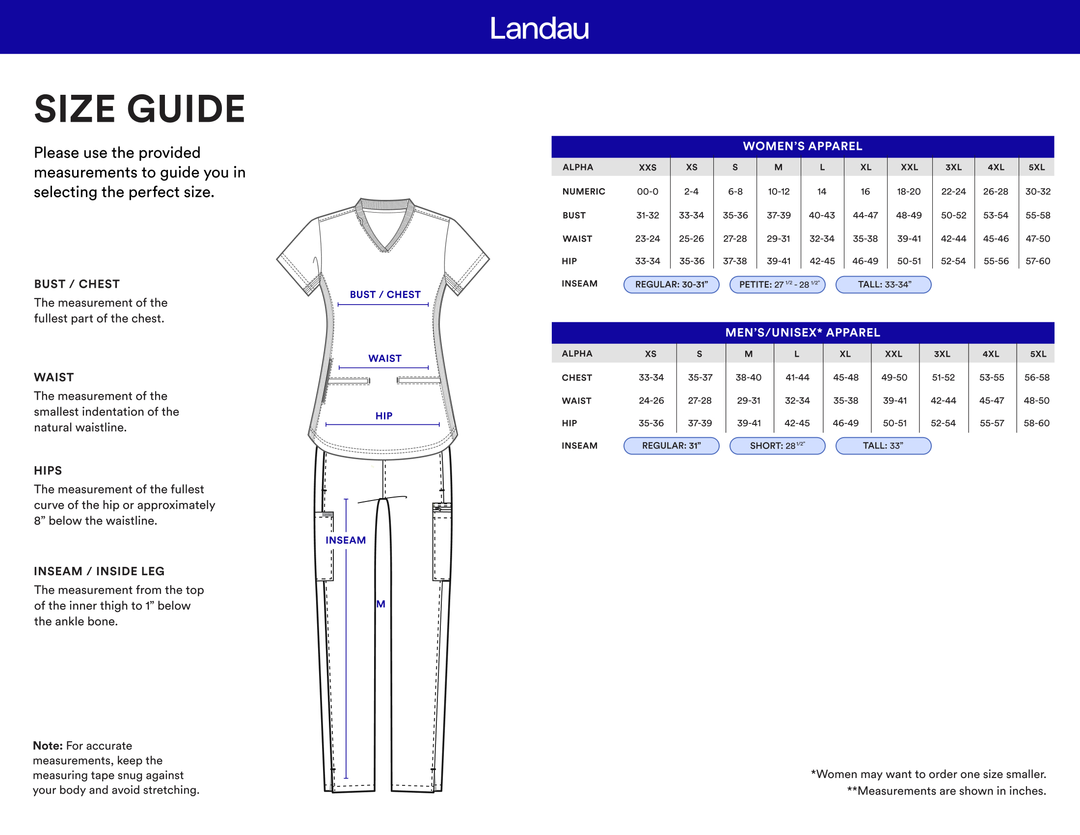 Size chart for Landau Unisex Scrub Zone Pants