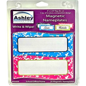 Magnetic Name Plates,  6" x 2.25", 20 pack contains 5 each of 4 colors, Flag Cut, Composition Pattern