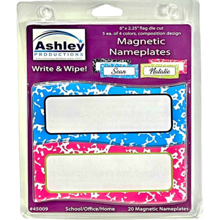 Magnetic Name Plates,  6" x 2.25", 20 pack contains 5 each of 4 colors, Flag Cut, Composition Pattern