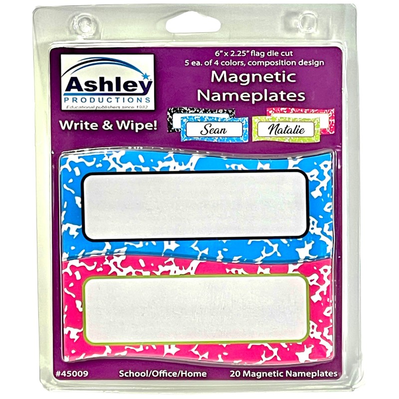 Magnetic Name Plates,  6" x 2.25", 20 pack contains 5 each of 4 colors, Flag Cut, Composition Pattern