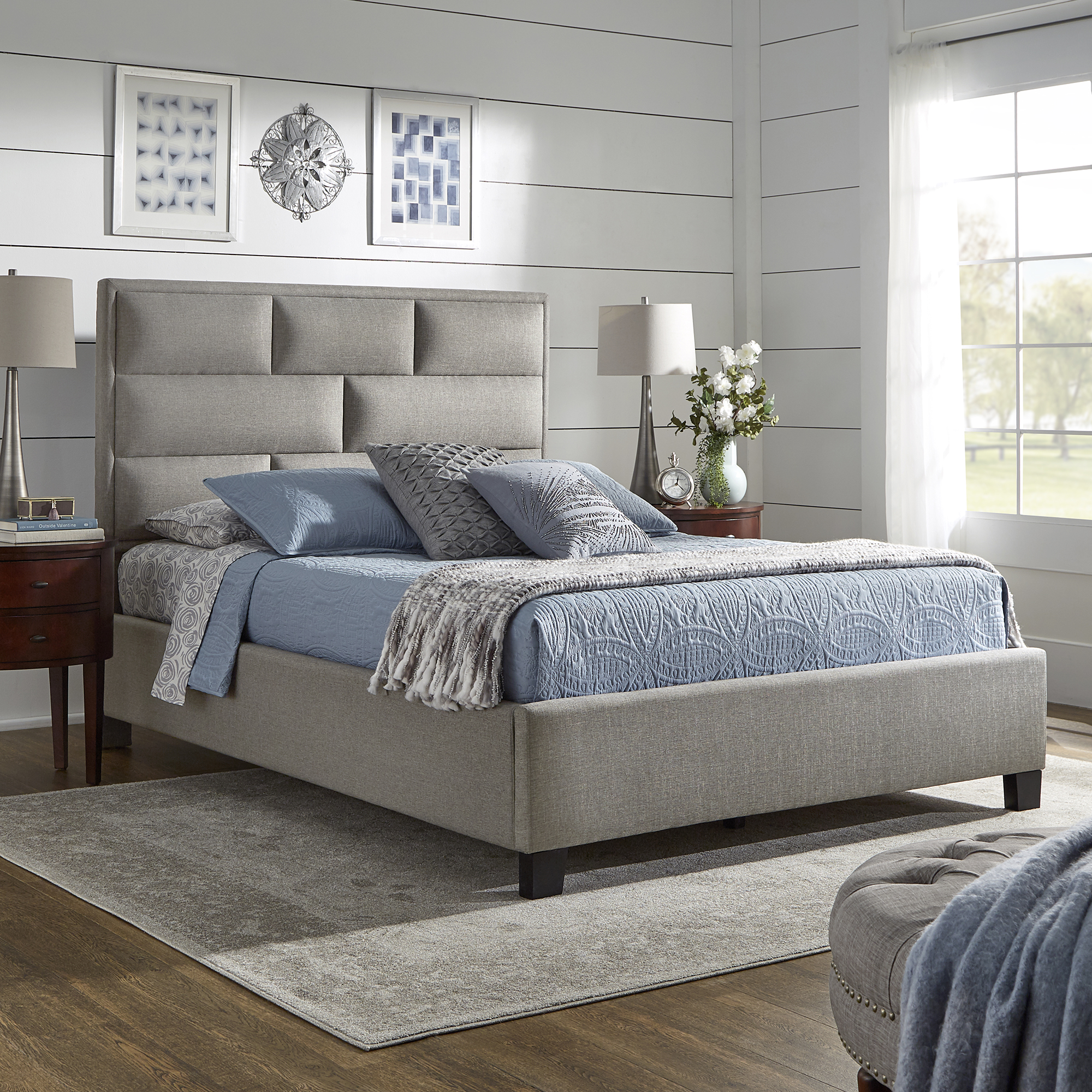 Grey Linen Fabric Upholstered Panel Bed