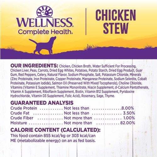 <p>Chicken, Chicken Broth, Water Sufficient for Processing, Chicken Liver, Dried Egg Product, Peas, Carrots, Potatoes, Potato Starch, Natural Flavor, Chicken Hearts, Guar Gum, Red Peppers, Celery, Sodium Phosphate, Salt, Potassium Chloride, Minerals (Zinc Proteinate, Iron Proteinate, Copper Proteinate, Manganese Proteinate, Sodium Selenite, Cobalt Proteinate, Potassium Iodide), Choline Chloride, Vitamins (Vitamin E Supplement, Thiamine Mononitrate, Niacin Supplement, d-Calcium Pantothenate, Vitamin A Supplement, Riboflavin Supplement, Biotin, Vitamin B12 Supplement, Pyridoxine Hydrochloride, Vitamin D3 Supplement, Folic Acid), Salmon Oil (Preserved With Mixed Tocopherols), Rosemary, Sage, Thyme.</p>
