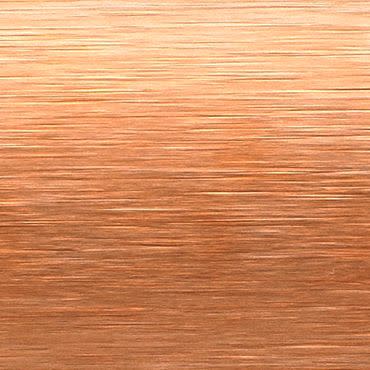 Brushed copper metal panel with fine horizontal striations; reflecting warm light and subtle highlights; presented as a flat surface, suggesting a metallic finish in neutral studio lighting.