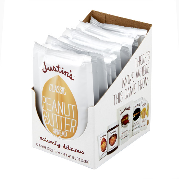 JUSTIN'S (r) Classic Peanut Butter 1.15 Squeeze Packs . C1RP - Front Right Pallet/Display (Hi Res)