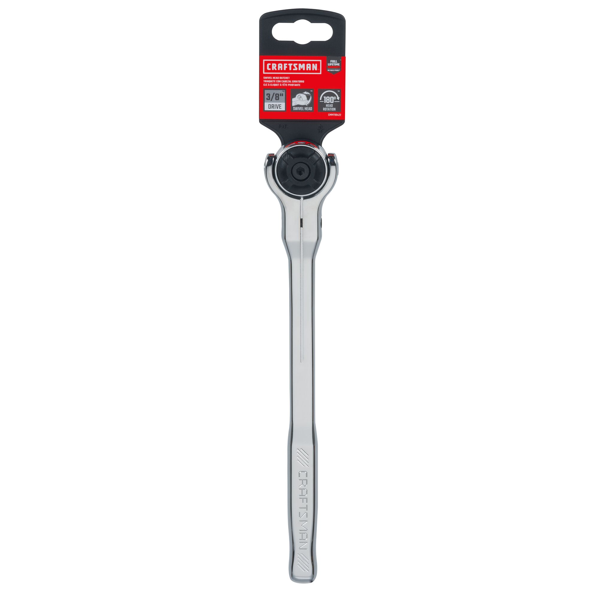 Ratchet swivel head s a e 72 tooth 3 eighths inch drive in plastic packaging.