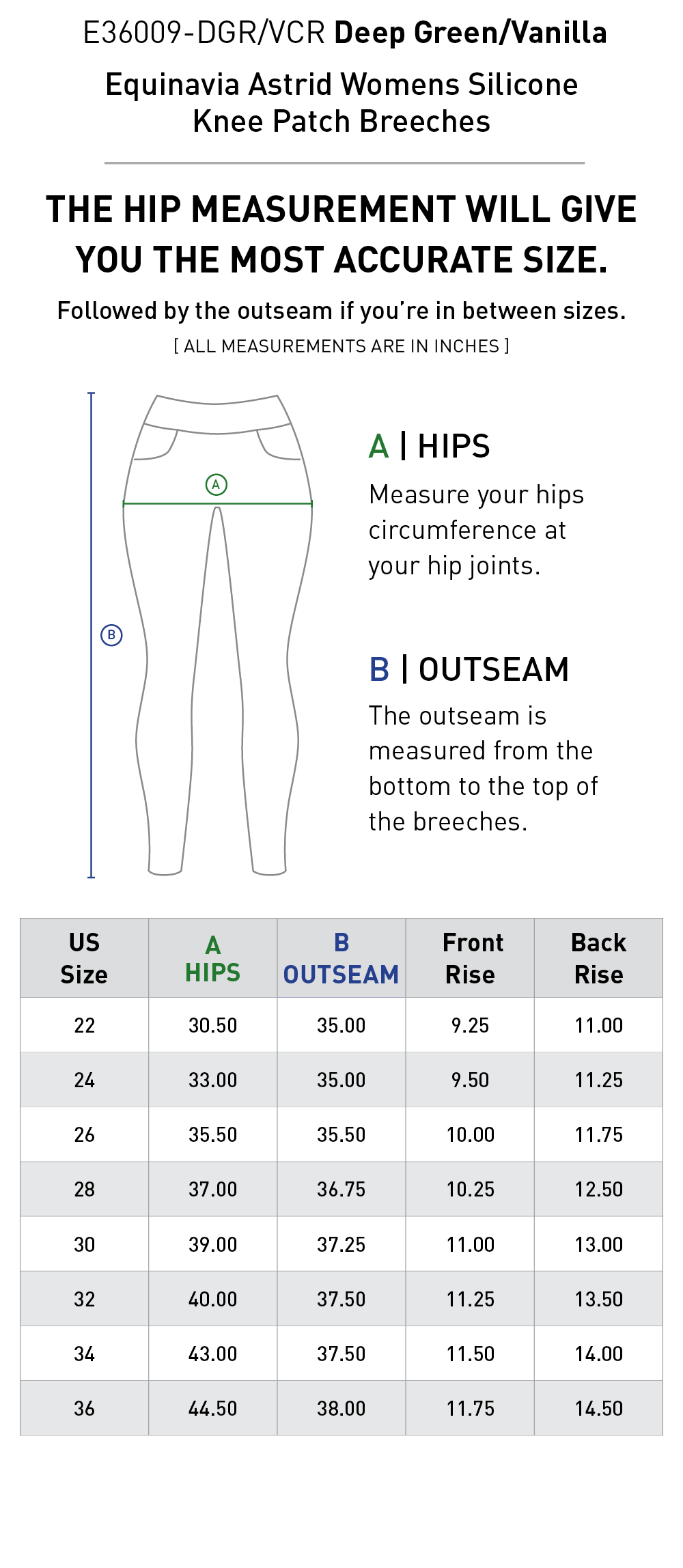Size chart for Equinavia Astrid Womens Silicone Knee Patch Breeches - Deep Green/Vanilla Cream