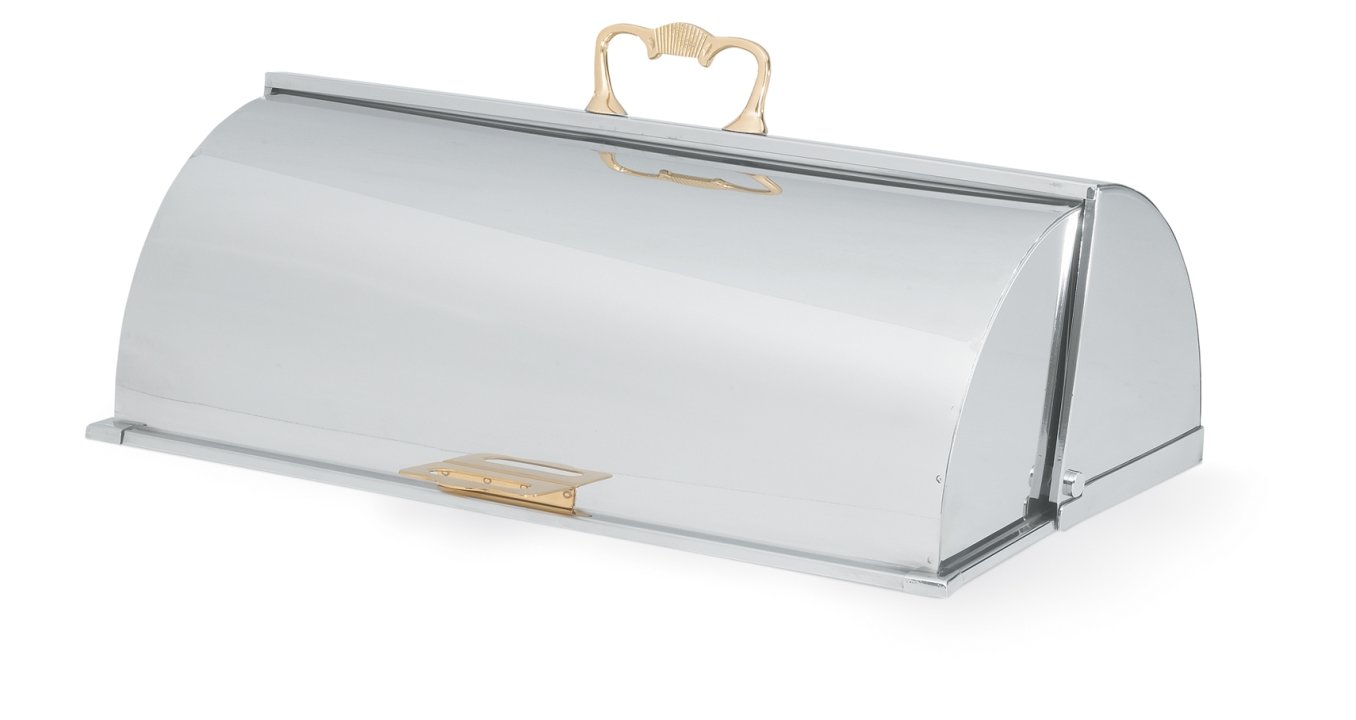 Roll-top cover for full-size chafer with classic brass trim