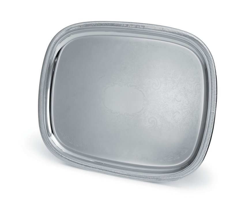 23 ½-inch Elegant Reflections oblong stainless steel serving tray with handles