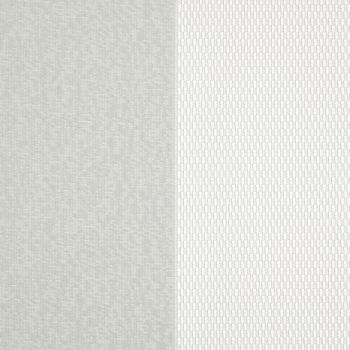 Two vertical fabric panels (curtains): left opaque light gray textured, right sheer white with small rectangular pattern; both closed, gently filtering diffuse daylight in a neutral-lit interior.