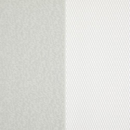 Two vertical fabric panels (curtains): left opaque light gray textured, right sheer white with small rectangular pattern; both closed, gently filtering diffuse daylight in a neutral-lit interior.
