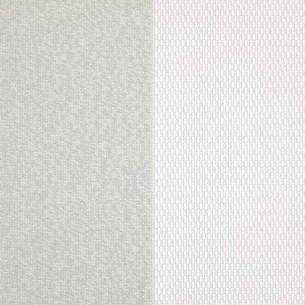 Two vertical fabric panels (curtains): left opaque light gray textured, right sheer white with small rectangular pattern; both closed, gently filtering diffuse daylight in a neutral-lit interior.