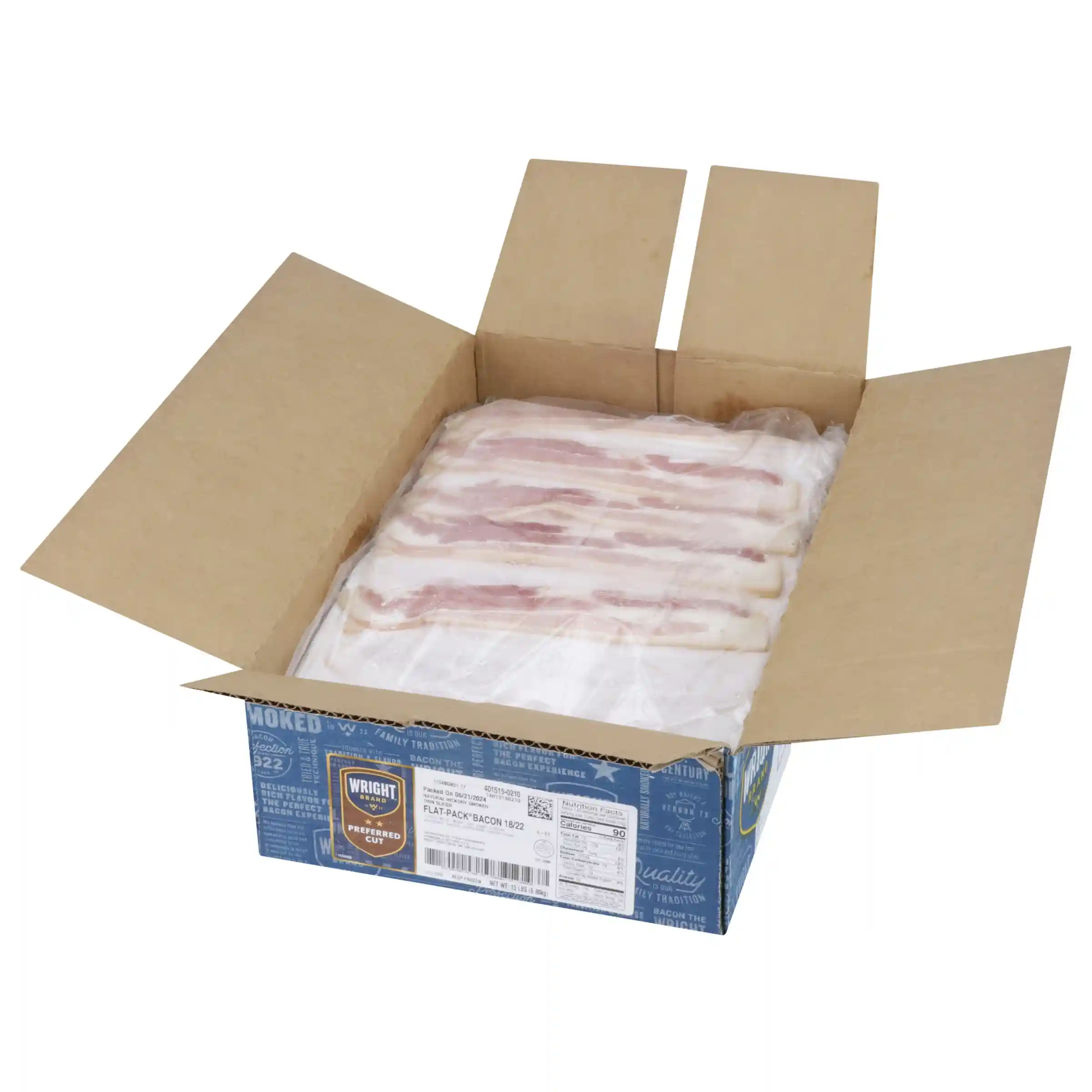 Wright® Brand Naturally Hickory Smoked Bacon, Flat-Pack®, 15 Lbs, 18-22 Slices per Pound, Frozen_image_31