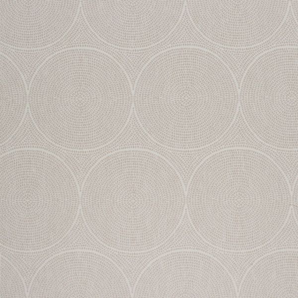 Beige patterned wallpaper with repeated concentric circular medallions, fine dotted texture; lies flat covering a wall, evenly lit close-up, suggesting a quiet, modern interior backdrop.