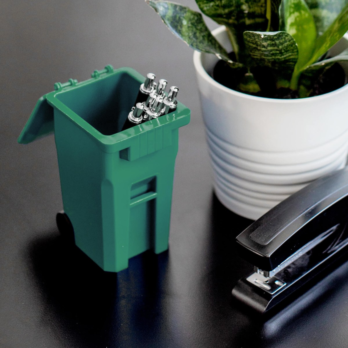 promotional mini organics cart made from 100% post-consumer recycled plastic sitting on a desk with pens inside
