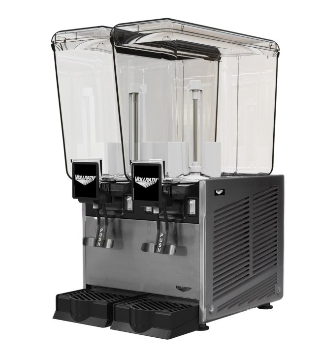 Refrigerated beverage dispenser with two 5.28-gallon bowls and stirring paddle circulation