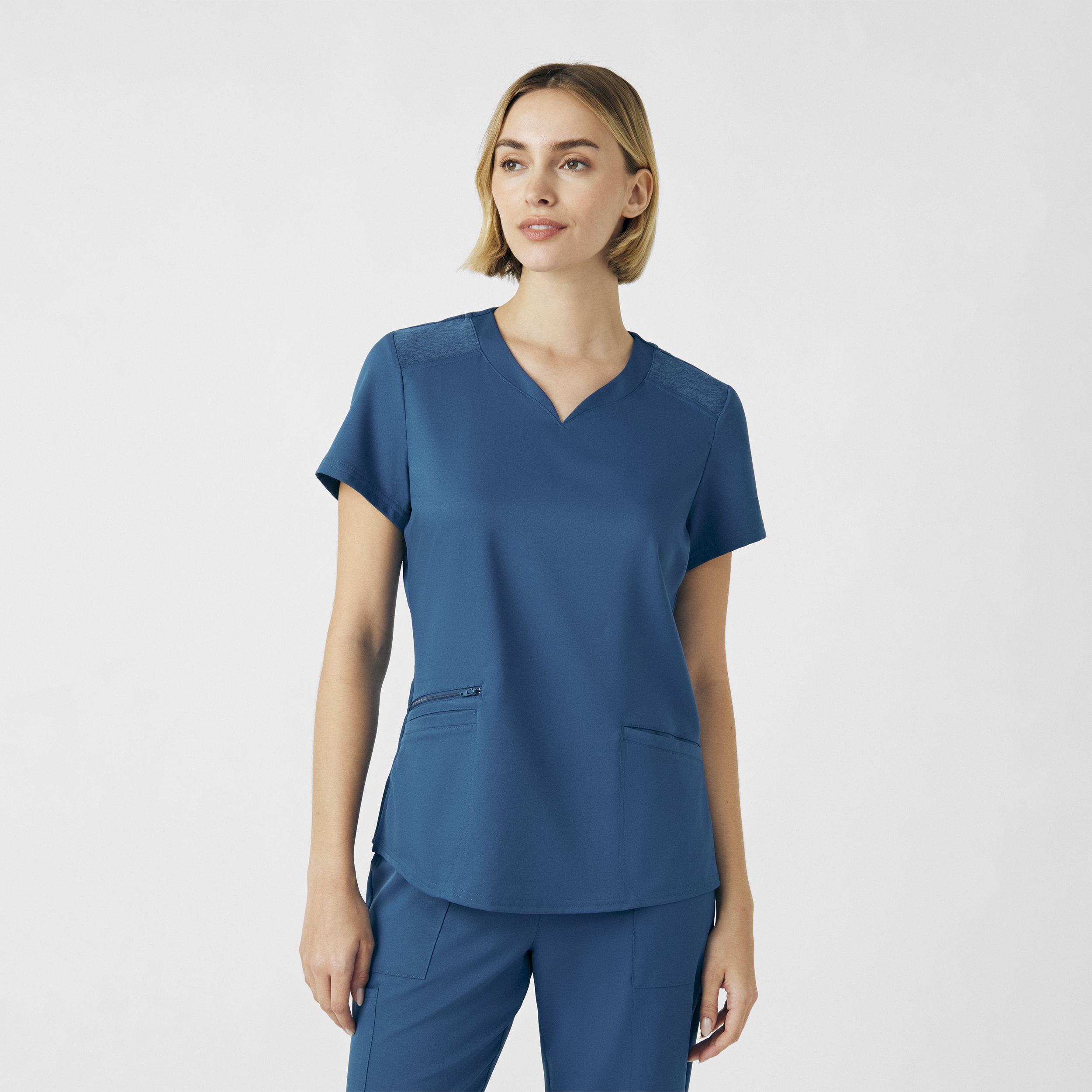 White Cross VIBE WT121 Women&#8216;s Sporty Breathable 3-Pocket Heart Neck Scrub Top with Zipper Pocket and Knit Details-White Cross