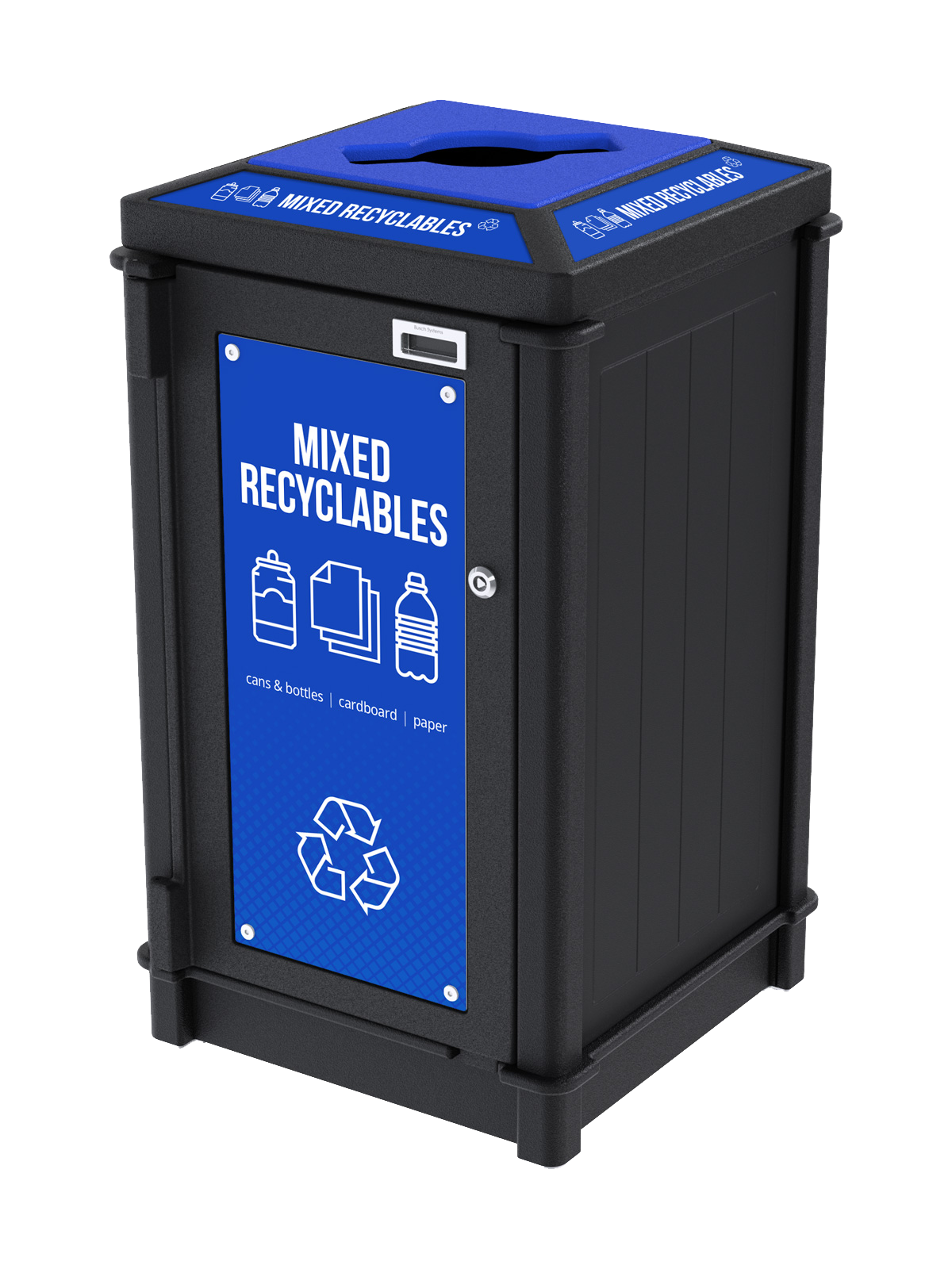 black recycled plastic recycling container with top mixed opening lid for collecting recycling with high impact signs and labels