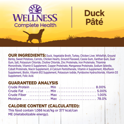 <p>Duck, Vegetable Broth, Turkey, Chicken Liver, Whitefish, Ground Barley, Sweet Potatoes, Carrots, Chicken Heart, Ground Flaxseed, Cassia Gum, Dried Plain Beet Pulp, Fish Oil (Preserved With Mixed Tocopherols), Xanthan Gum, Potassium Chloride, Guar Gum, Salt, Dried Chicory Root, Sunflower Oil, Choline Chloride, Zinc Proteinate, Iron Proteinate, Thiamine Mononitrate, Tricalcium Phosphate, Vitamin E Supplement, Copper Proteinate, Cobalt Proteinate, Manganese Proteinate, Sodium Selenite, Niacin Supplement, d-Calcium Pantothenate, Vitamin A Supplement, Riboflavin Supplement, Biotin, Vitamin B12 Supplement, Potassium Iodide, Pyridoxine Hydrochloride, Vitamin D3 Supplement, Folic Acid.</p>

