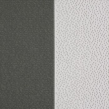Two window dressings: a dark, opaque fabric panel left and a white sheer mesh right — closed, the sheer filtering bright daylight from the window behind.
