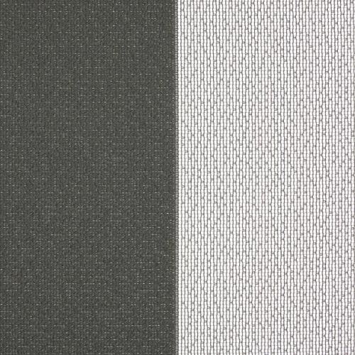 Two window dressings: a dark, opaque fabric panel left and a white sheer mesh right â€” closed, the sheer filtering bright daylight from the window behind.