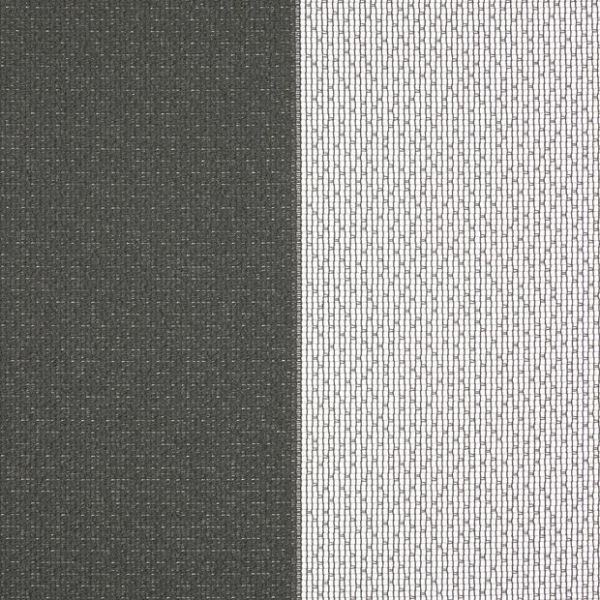 Two window dressings: a dark, opaque fabric panel left and a white sheer mesh right — closed, the sheer filtering bright daylight from the window behind.