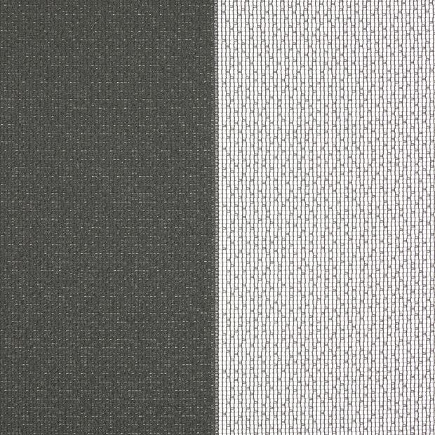Two window dressings: a dark, opaque fabric panel left and a white sheer mesh right â€” closed, the sheer filtering bright daylight from the window behind.