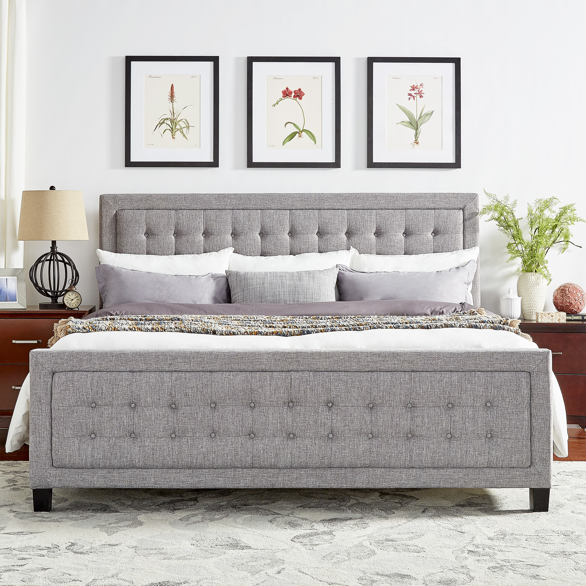 Square Button-Tufted Upholstered Platform Bed with Footboard