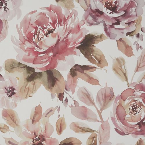 Watercolor-painted roses and leaves, covering the surface, softly blending and overlapping; set against a pale cream background, evoking wallpaper or fabric with muted pink, mauve and olive tones.